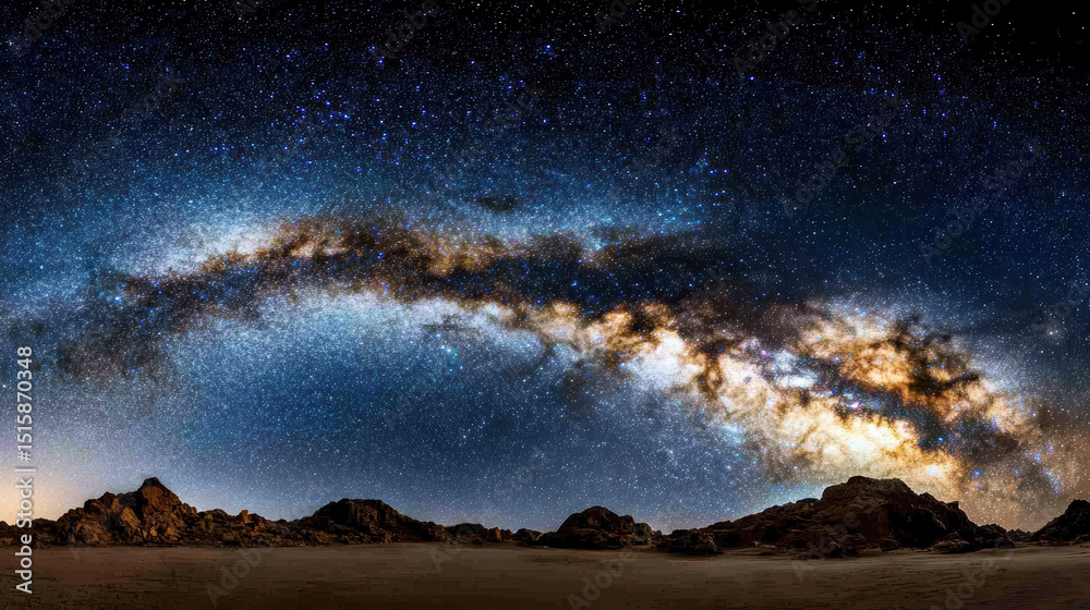 Fototapeta premium Majestic Milky Way stretching across dark starry sky, illuminating rocky landscape