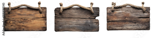 Wooden signboard with rope, isolated on transparent or white background.