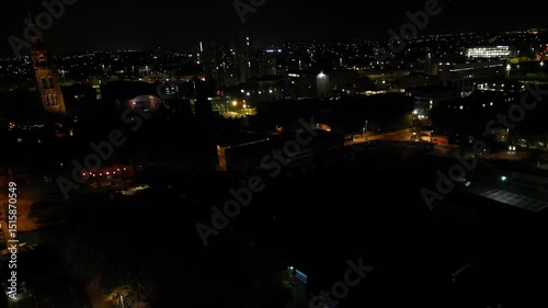 Aerial Footage of Illuminated Historical Central Coventry City During Night. England UK
