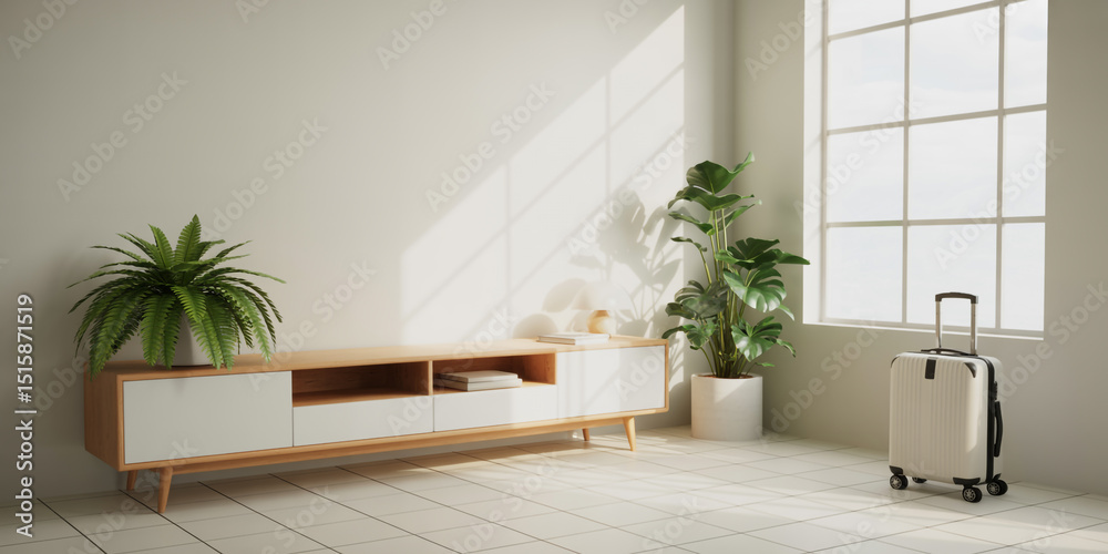 Fototapeta premium Modern Minimalist Room Interior with Plants and Luggage
