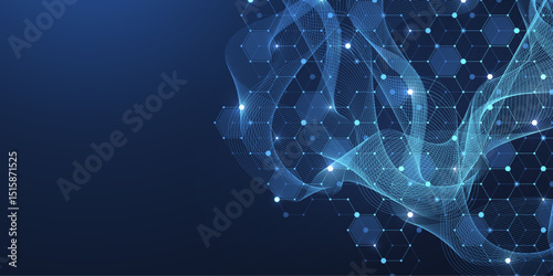 Molecular abstract structure and genetic engineering DNA. Healthcare and medicine background concept. Scientific research background. Wave flow. Innovation pattern. Vector illustration.