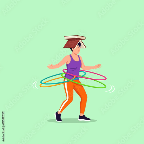 Woman Balancing Book on Head While Hula Hooping Illustration