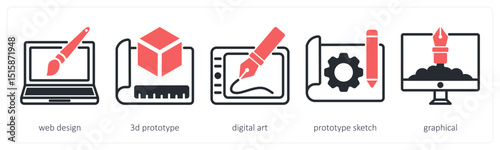A set of 5 design icons as web design, 3d prototype, digital art