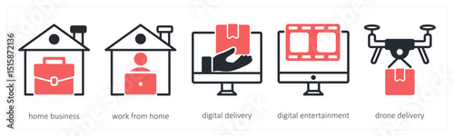 A set of 5 untact era icons as home business, work from home, digital delivery