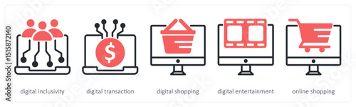 A set of 5 untact era icons as digital inclusivity, digital transaction, digital shopping