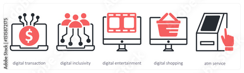 A set of 5 untact era icons as digital transaction, digital inclusivity, digital entertainment