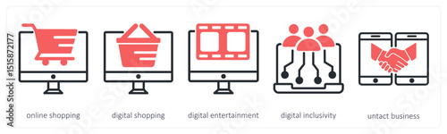 A set of 5 untact era icons as online shopping, digital shopping, digital entertainment