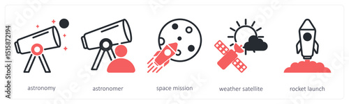 A set of 5 space icons as astronomy, astronomer, space mission