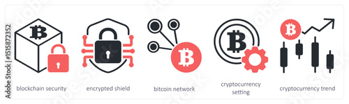 A set of 5 cyrptocurrency icons as blockchain security, encrypted shield, bitcoin network 