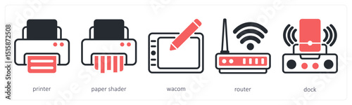 Obraz na plátně A set of 5 device icons as printer, paper shader, wacom