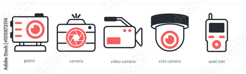 A set of 5 device icons as gopro, camera, video camera