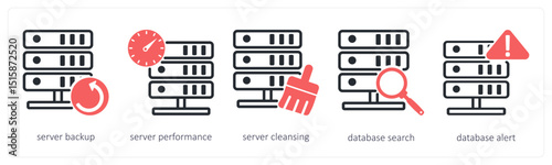 A set of 5 device icons as server backup, server performance, server cleansing
