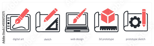 A set of 5 design icons as digital art, sketch, web design