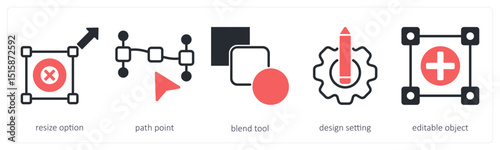 A set of 5 design icons as resize option, path point, blend tool