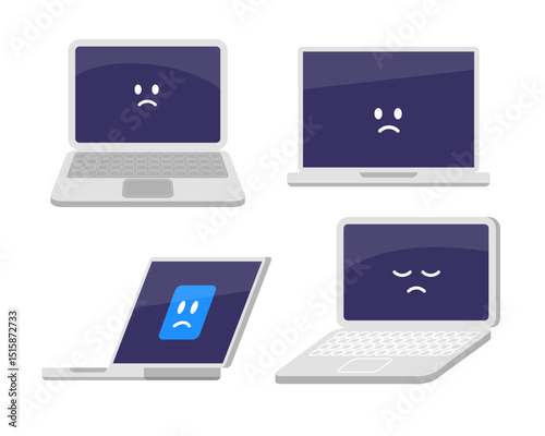 Set of Laptop with Sad Emoji Emoticon Face Cartoon Set Collection, Solving Screen Errors, Crashes, and System Failures, Business Workout Mental Health Concept. Notebook Problem, Virus Attack.