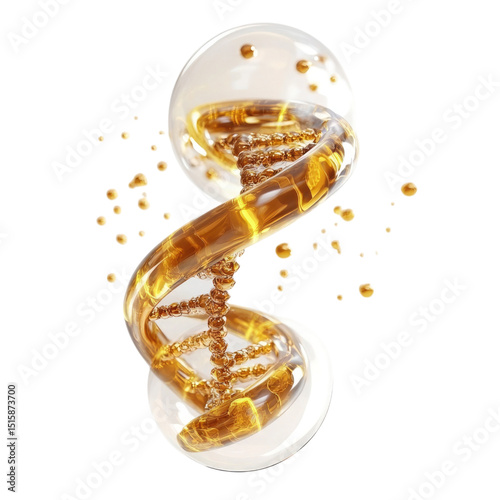 Golden DNA helix strands in a sphere with floating particles on black.