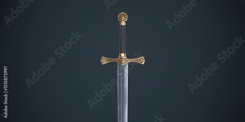 Medieval Sword Image: Golden Hilt, Polished Steel Blade Stock Photo with copy space