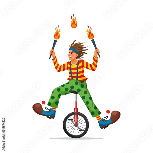 Clown on Unicycle Juggling Burning Torches with Striped Costume