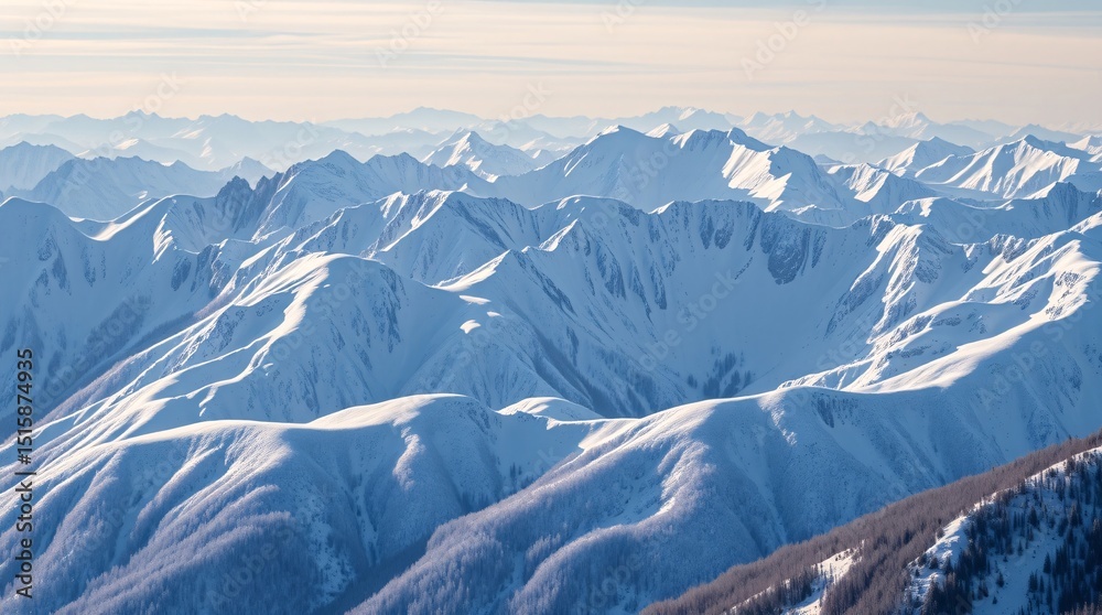 Obraz premium Snowy mountain peaks with a vast winter landscape under a sky.
