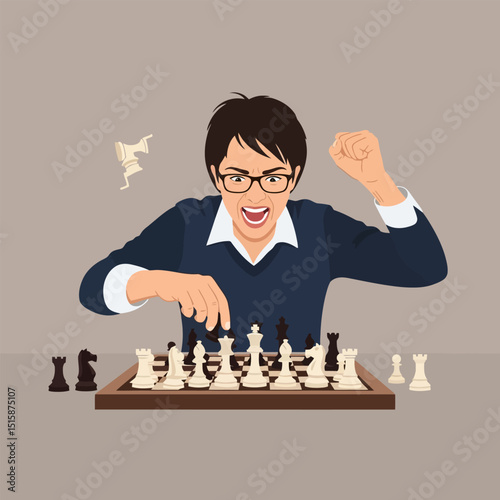 Frustrated Woman Playing Chess Celebrates the Game's Win with Passion