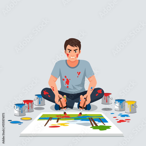 Angry Man Painting with Paintbrushes and Scattered Colors on Canvas