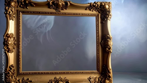 Elegant golden picture frame with ornate details set against a smoky background. Ideal for displaying cherished memories or art.