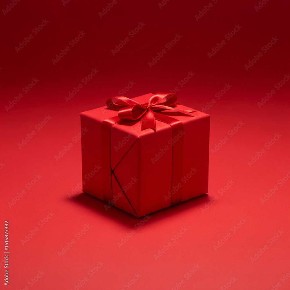 Minimalist composition featuring a neatly wrapped red gift box on a matching red background. Soft studio lighting creates subtle shadows and highlights