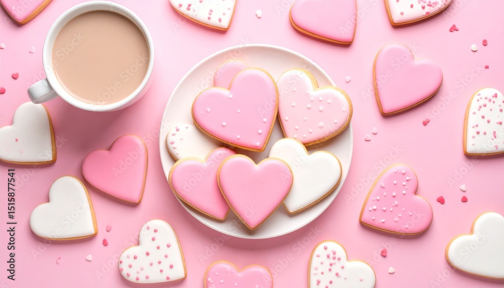 Fototapeta premium Sweet heart-shaped cookies with pink icing are a romantic symbol of love, perfect for Valentine's Day