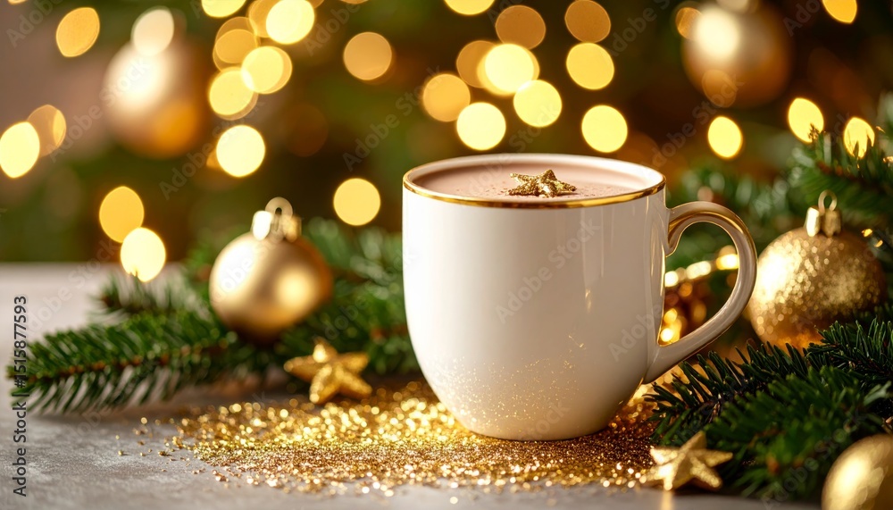 Warm brown beverage with festive Christmas decorations and a cozy candle Warm brown beverage with festive Christmas decorations and a cozy candle