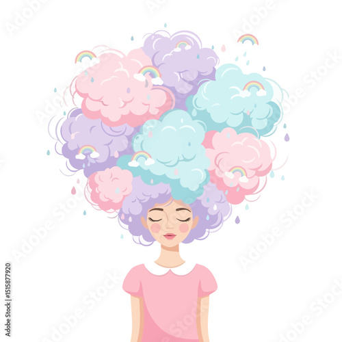 Girl with Clouds Hair and Rainbows Thinking Dreamy Thoughtful Concept