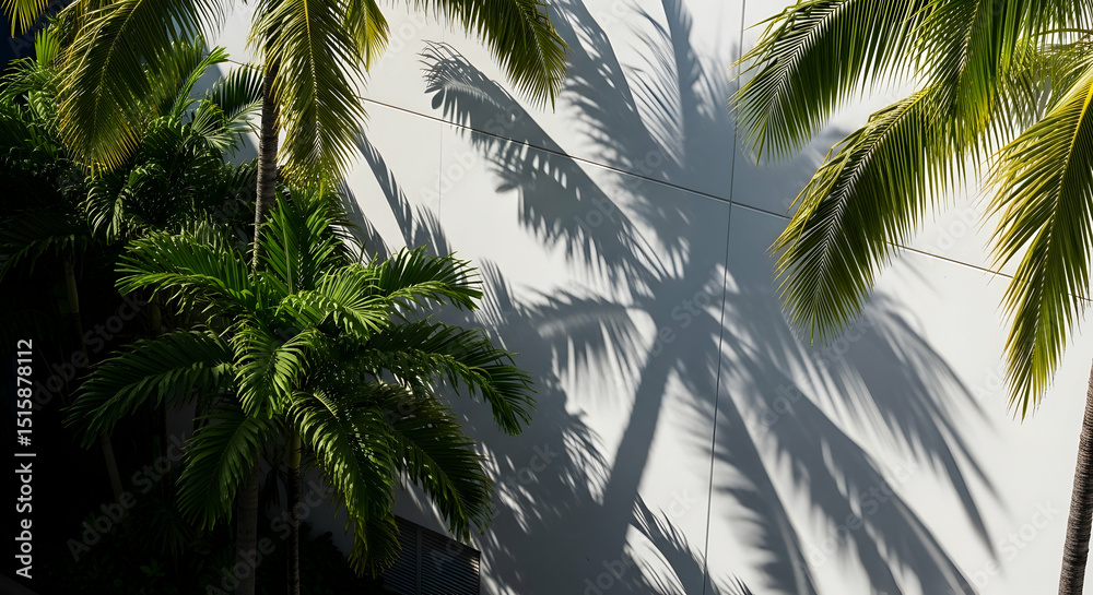Fototapeta premium Palm Fronds Cast A Striking Shadow Pattern On A Modern Building Wall