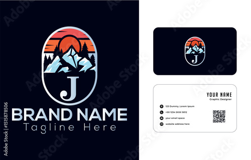 Abstract emblem with fish, sushi, and hill design elements, J logo design