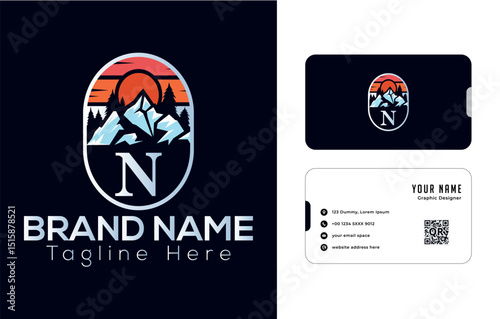 Abstract emblem with fish, sushi, and hill design elements, N logo design
