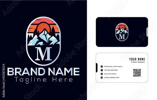 Abstract emblem with fish, sushi, and hill design elements, M logo design