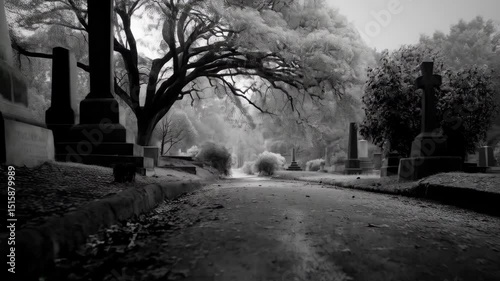 Monochrome graveyard landscape featuring headstones, winding path, and overgrown trees on a foggy day, creating a somber, ethereal atmosphere