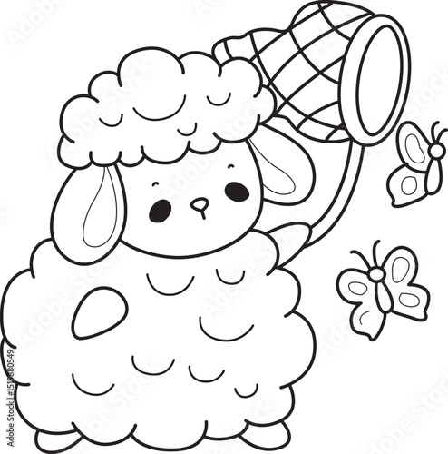 Coloring pages of Baby sheep illustration activites. Funny sheep clip art elements.