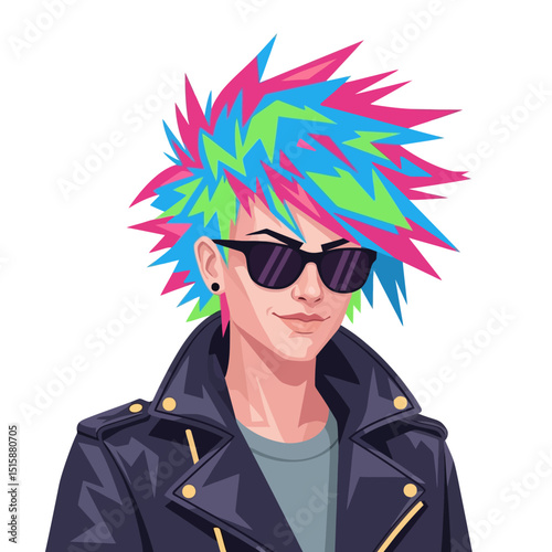 Person with Spiky Colorful Hair and Leather Jacket Wearing Sunglasses
