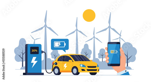 Adobe Illustrator Artwork Modern flat vector illustration depicting an electric car charging with a smartphone showing battery status, powered by wind turbines and sun. Highlights smart, green energy