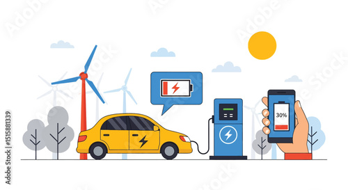 Adobe Illustrator Artwork Modern flat vector illustration depicting an electric car charging with a smartphone showing battery status, powered by wind turbines and sun. Highlights smart, green energy