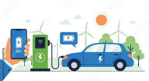 Adobe Illustrator Artwork Modern flat vector illustration depicting an electric car charging with a smartphone showing battery status, powered by wind turbines and sun. Highlights smart, green energy