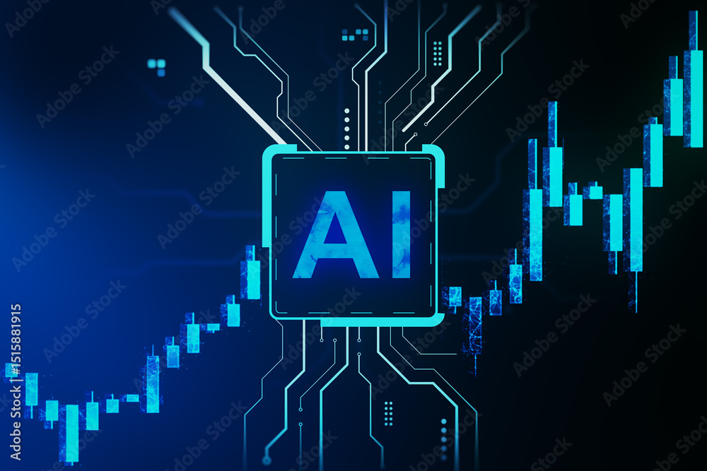 Fototapeta premium Futuristic AI chip with glowing circuits and stock market candlestick chart on dark background representing financial technology concept. 3D Rendering