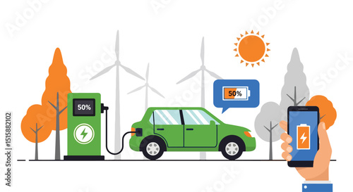 Adobe Illustrator Artwork Modern flat vector illustration depicting an electric car charging with a smartphone showing battery status, powered by wind turbines and sun. Highlights smart, green energy