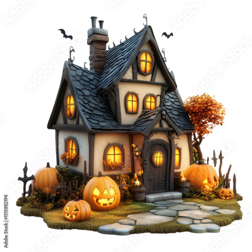 Halloween Cottage Spooky glowing pumpkins surround charming haunted house.