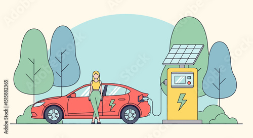 Clean flat vector illustration of a woman with her electric car charging at a solar-powered station in a green city landscape. Emphasizes eco-friendly transportation and sustainable urban living