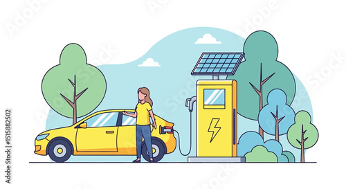 Clean flat vector illustration of a woman with her electric car charging at a solar-powered station in a green city landscape. Emphasizes eco-friendly transportation and sustainable urban living