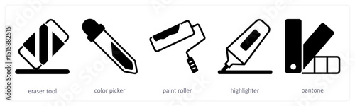 A set of 5 design icons as eraser tool, color picker, paint roller