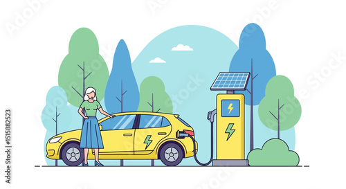 Clean flat vector illustration of a woman with her electric car charging at a solar-powered station in a green city landscape. Emphasizes eco-friendly transportation and sustainable urban living