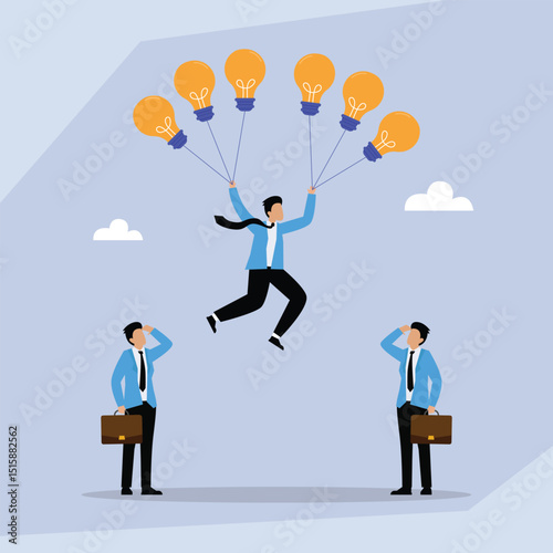 Businessman Flying with Lightbulb Ideas