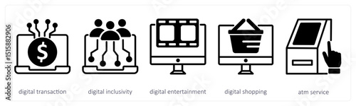 A set of 5 untact era icons as digital transaction, digital inclusivity, digital entertainment