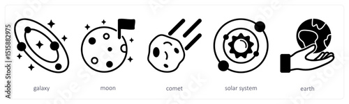 A set of 5 space icons as galaxy, moon, comet